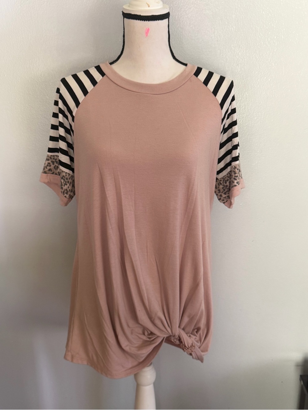 Women's Blush Pink Knot Front Raglan Top with Striped & Leopard Sleeves